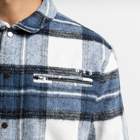 Bee Inspired Porteous Overshirt in Blue/White, brushed check overshirt with a zip chest pocket and embroidered branding