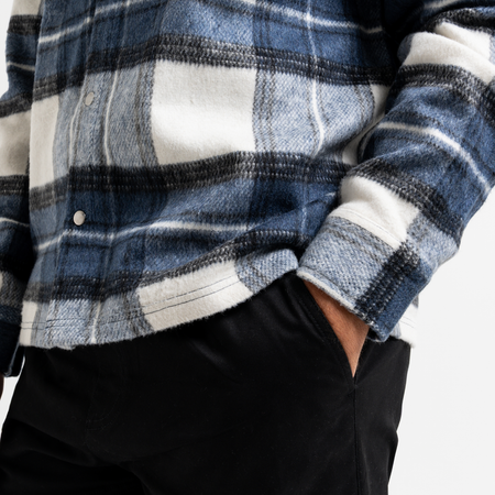Bee Inspired Porteous Overshirt in Blue/White, brushed check overshirt with a zip chest pocket and embroidered branding