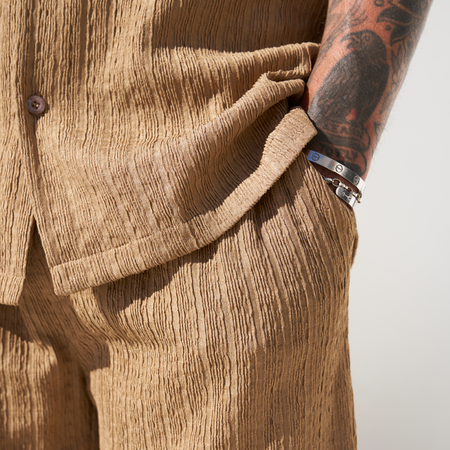 Bee Inspired Raya Shirt in Caramel, short sleeve shirt with a classic camp collar, back view