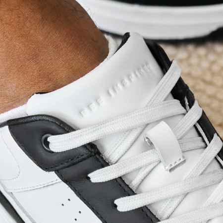 Bee Inspired Renato Cupsole Trainer in White/Black, court-inspired trainer with a premium finish, close-up crop shot