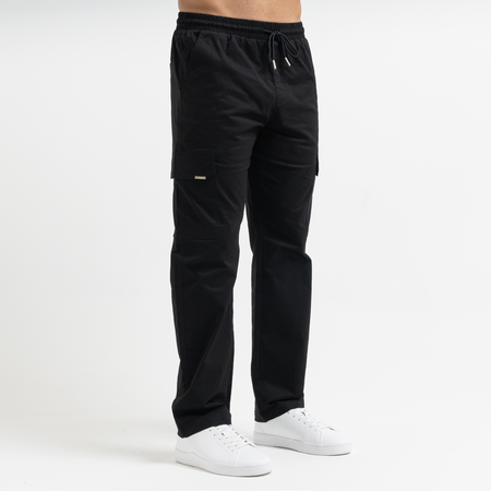 Bee Inspired Rivero Relaxed Cargo Pants in Black, relaxed fit cargo trousers with multiple utility pockets, front view