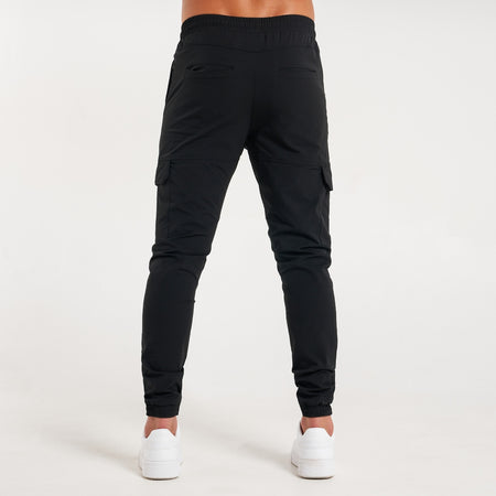 Rivero Tech Cargo Pants in black with a branded drawstring waist