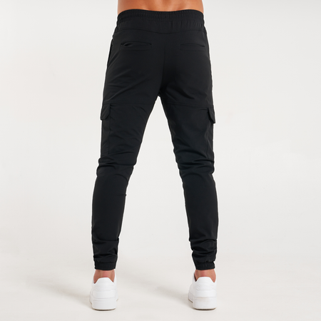 Bee Inspired Rivero Tech Cargo Pants in Black, regular fit tech cargo trousers, close-up