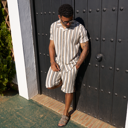 Bee Inspired Rubio Short in Off White/Sand/Grey, relaxed fit shorts, part of a matching twin set, styled shot