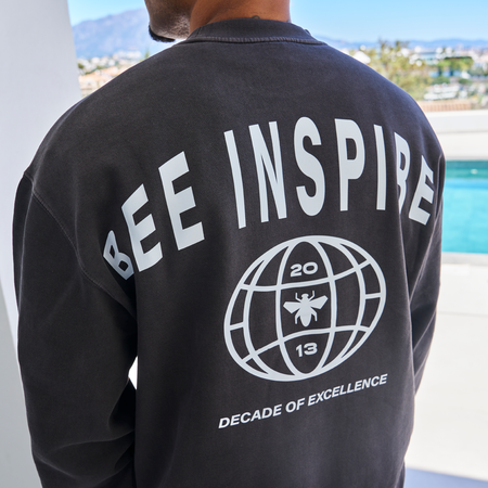 Bee Inspired Sagna Crew in Faded Black, relaxed fit crew sweatshirt with a bold back graphic, back view