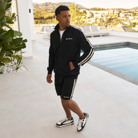 Bee Inspired Sanchez Track Short in Black, tracksuit shorts designed to match the Sanchez track top, styled shot