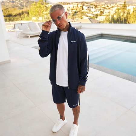 Bee Inspired Sanchez Track Top in Navy, track top blending sporting heritage with modern minimalism, close-up