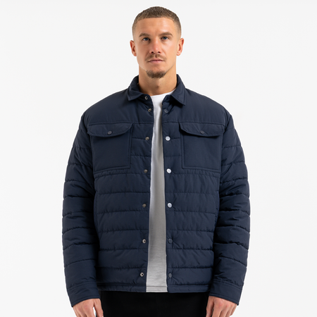 Bee Inspired Siegrist Jacket in Navy, collared padded jacket with a snap fastener closure, front view