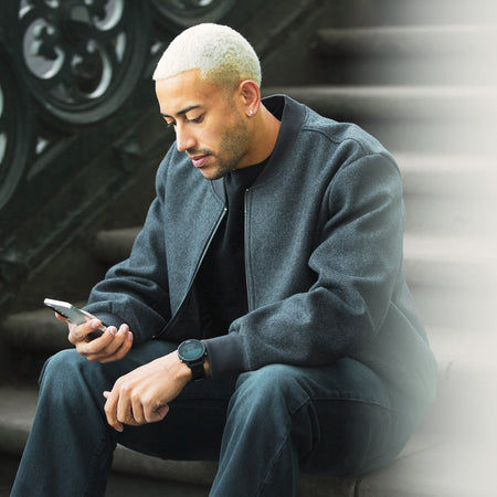 Bee Inspired Sibbick Bomber Jacket in Charcoal, bomber jacket with a two-way front zip, styled lifestyle shot
