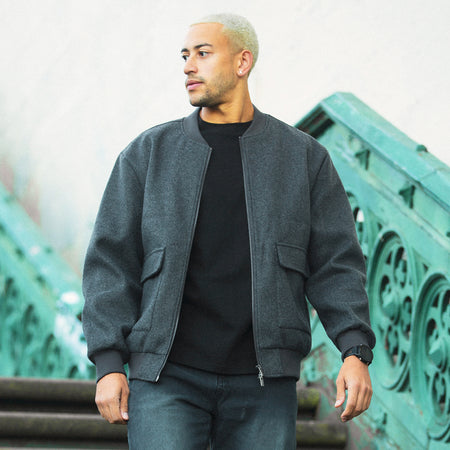 Bee Inspired Sibbick Bomber Jacket in Charcoal, bomber jacket with a two-way front zip, styled lifestyle shot