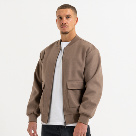 Bee Inspired Sibbick Bomber Jacket in Taupe, bomber jacket with a two-way front zip, close-up