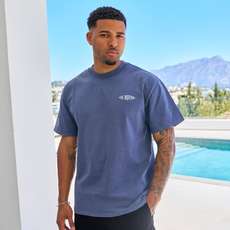 Bee Inspired Silva Oversized T-Shirt in Faded Indigo, oversized graphic tee with a classic crew neckline, close-up