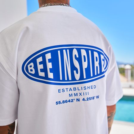 Bee Inspired Silva Oversized T-Shirt in White/Blue, oversized graphic tee with a classic crew neckline, back view