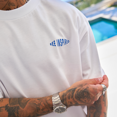 Bee Inspired Silva Oversized T-Shirt in White/Blue, oversized graphic tee with a classic crew neckline, alternate angle