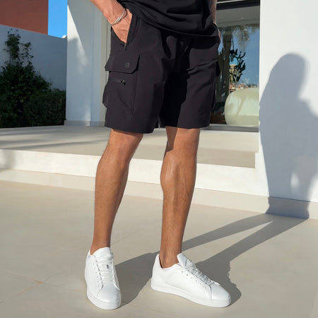 Bee Inspired Soriano Cargo Short in Black, regular fit cargo shorts with utility pockets and a toggle waistband, front view