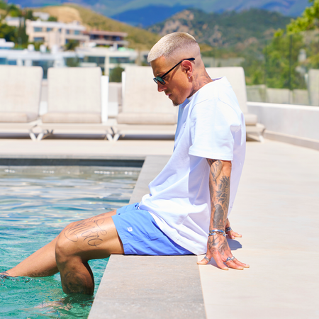 Bee Inspired Simms Swim Shorts in Blue, lightweight swim shorts with a quick-dry, summer-ready fit, alternate angle