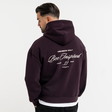 Bee Inspired Team Hoodie in Plum, hoodie in soft fleece fabric with embroidered and printed graphics, front view