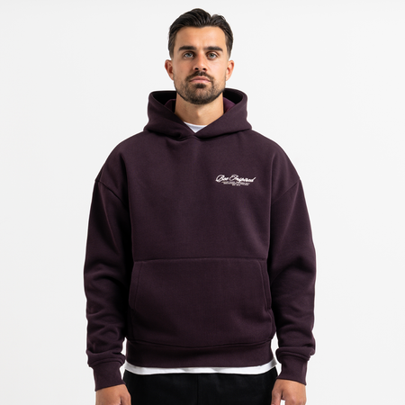 Bee Inspired Team Hoodie in Plum, hoodie in soft fleece fabric with embroidered and printed graphics, styled shot