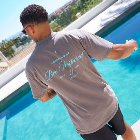 Bee Inspired Team Oversized T-Shirt in Faded Grey/Blue, heavyweight cotton oversized tee with dropped shoulders, styled shot