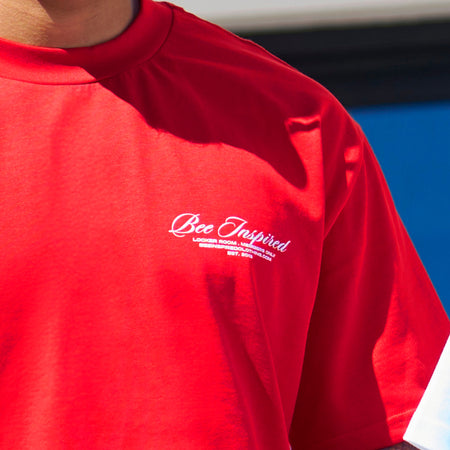 Bee Inspired Team Oversized T-Shirt in Red, heavyweight cotton oversized tee with dropped shoulders, close-up