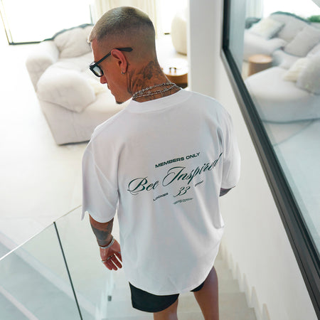 Bee Inspired Team Oversized T-Shirt in White/Green, heavyweight cotton oversized tee with dropped shoulders, styled shot