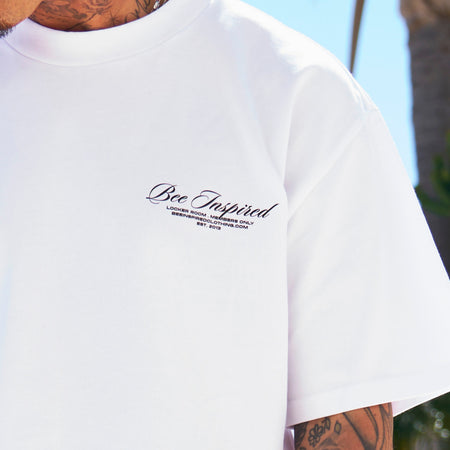 Bee Inspired Team Oversized T-Shirt in White/Black, heavyweight cotton oversized tee with dropped shoulders, alternate angle