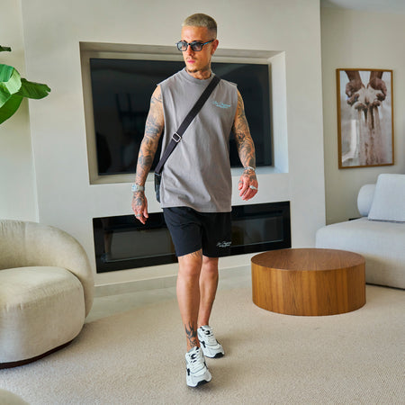Bee Inspired Team Vest in Faded Grey, heavyweight cotton vest with raw armhole detailing, styled shot
