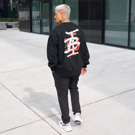 Bee Inspired Tonali Crew in Black/Red, heavyweight cotton crewneck sweatshirt with graffiti-style graphics, full outfit view