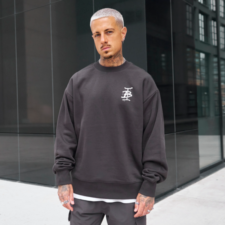 Bee Inspired Tonali Crew in Coal, heavyweight cotton crewneck sweatshirt with graffiti-style chest graphic, front view