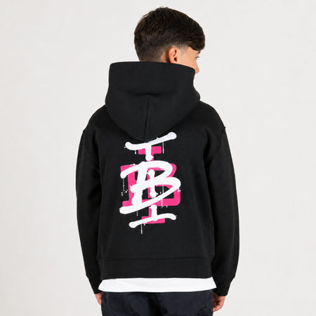 Bee Inspired Junior Tonali Hoodie in Black/Pink, relaxed fit junior hoodie with a graffiti-style BI monogram print