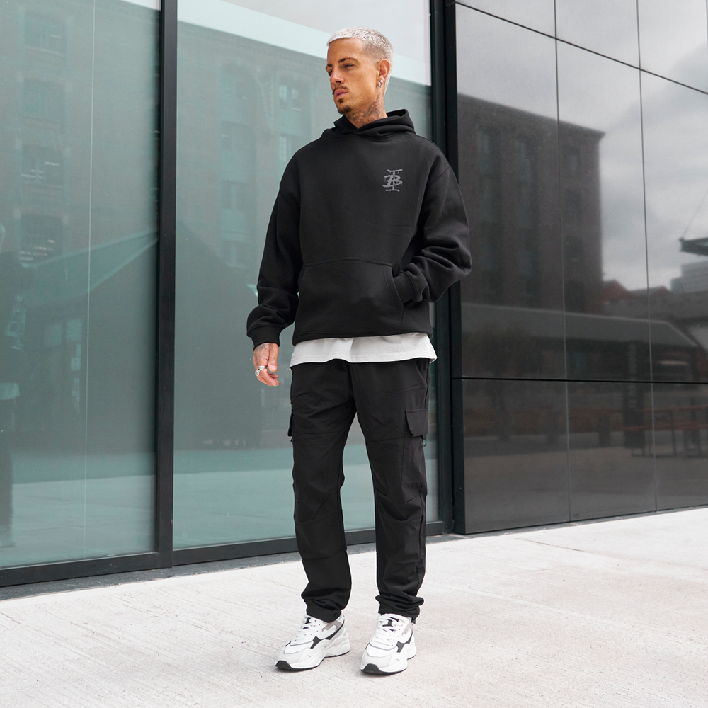 Bee Inspired Tonali Hoodie in Black, heavyweight cotton hoodie with graffiti-style graphics, full outfit view