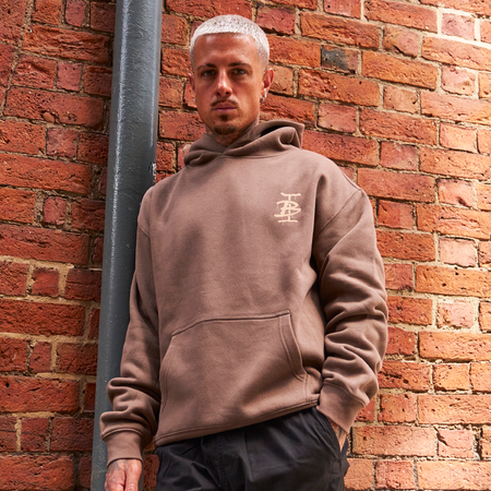 Bee Inspired Tonali Hoodie in walnut, heavyweight cotton hoodie with graffiti-style chest graphic, front view