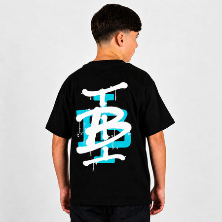 Bee Inspired Junior Tonali T-Shirt in Black/Aqua, heavyweight cotton junior tee with a graffiti-style graphic, front view