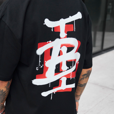 Bee Inspired Tonali Oversized T-Shirt in Black/Red, oversized tee with a graffiti-style BI monogram print, back view