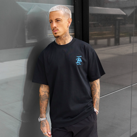 Bee Inspired Tonali Oversized T-Shirt in Black/Blue, oversized tee with a graffiti-style BI monogram print, styled shot