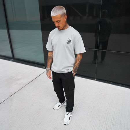 Bee Inspired Tonali Oversized T-Shirt in Faded Storm, oversized tee with a graffiti-style BI monogram print, alternate angle