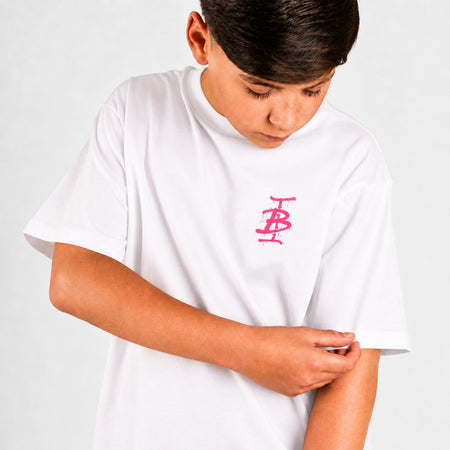 Bee Inspired Junior Tonali T-Shirt in White/Pink, heavyweight cotton junior tee with a graffiti-style graphic, styled shot