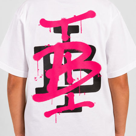Bee Inspired Junior Tonali T-Shirt in White/Pink, heavyweight cotton junior tee with a graffiti-style graphic, close-up