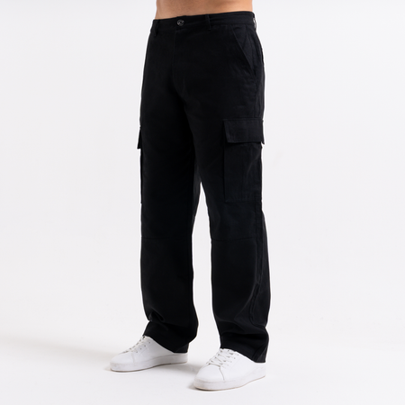 Bee Inspired Victor Cargo Pants in Black, relaxed fit cargo trousers with 3D pleat pockets and an open hem, styled shot