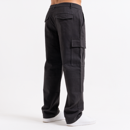 Bee Inspired Victor Cargo Pants in Charcoal, relaxed fit cargo trousers with 3D pleat pockets and an open hem, back view