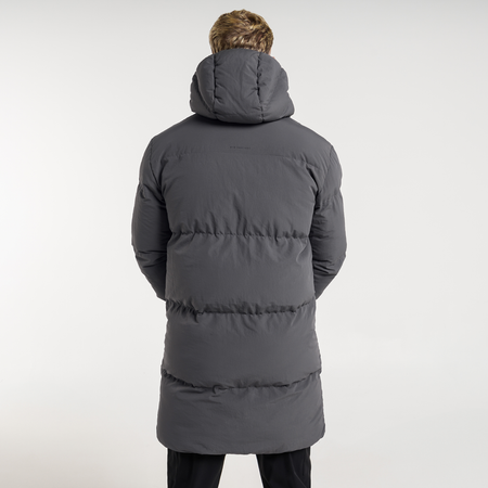 Bee Inspired Villar Longline Jacket in Charcoal, longline puffer jacket for winter warmth, styled shot