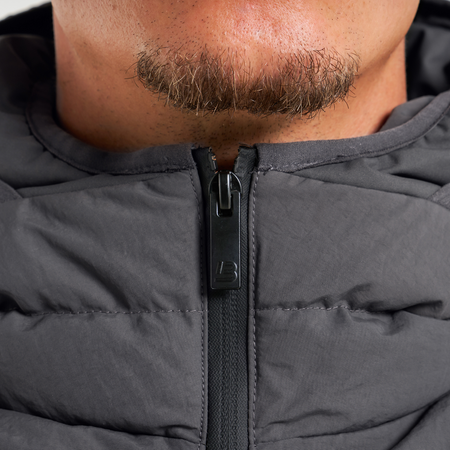 Bee Inspired Villar Longline Jacket in Charcoal, longline puffer jacket for winter warmth, close-up