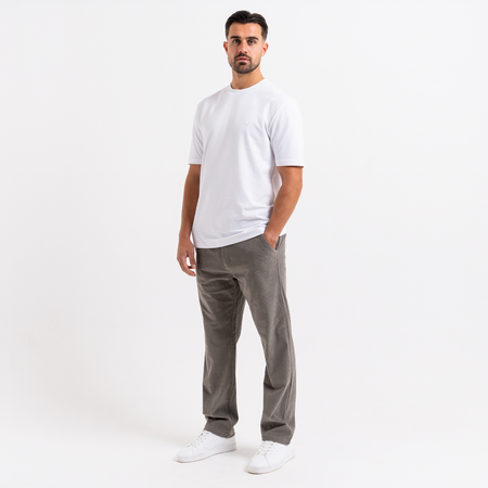 Bee Inspired Zamorano Cord Pant in Pebble, cord trousers with a soft hand-feel and embroidered script branding, close-up