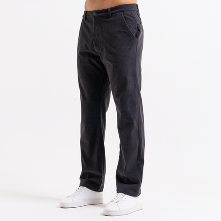 Bee Inspired Zamorano Cord Pant in Charcoal, cord trousers with a soft hand-feel and embroidered script branding, styled shot