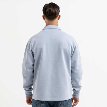 Bee Inspired Zico Zip Polo in Blue, long sleeve collared polo with a quarter-zip neckline, close-up