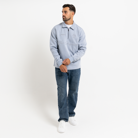 Bee Inspired Zico Zip Polo in Blue, long sleeve collared polo with a quarter-zip neckline, styled shot