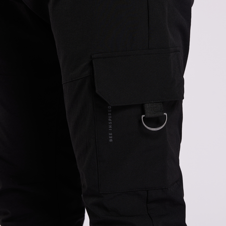Bee Inspired Guardiola Cargo Pants in Black, regular fit cargo trousers with utility pockets and metal D-ring pulls