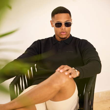 Bee Inspired Demme Long Sleeve Polo Shirt in Black, slim fit long sleeve polo shirt, styled lifestyle shot