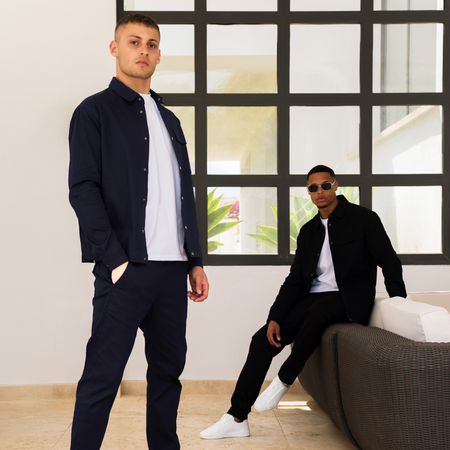Bee Inspired Bayo Pant in Navy, regular fit trousers with a soft, breathable feel, styled lifestyle shot