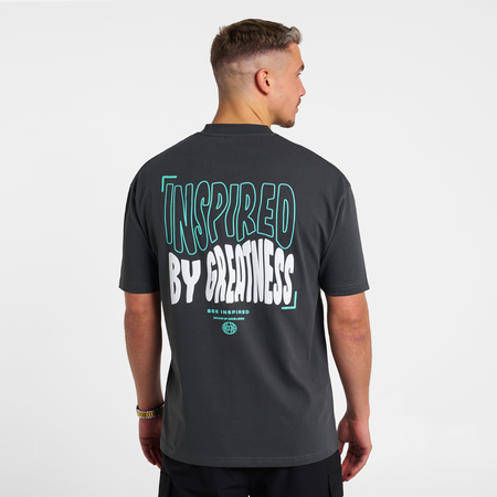 Bee Inspired Aguirre T-Shirt in Charcoal, relaxed fit tee with a raised print across chest and back, styled shot